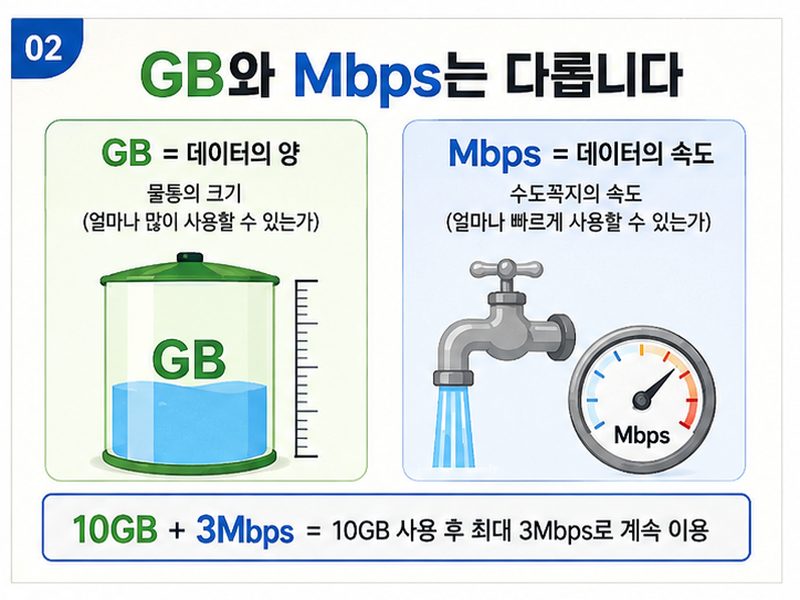 GB는 데이터 양이고 Mbps는 데이터 속도라는 차이 설명