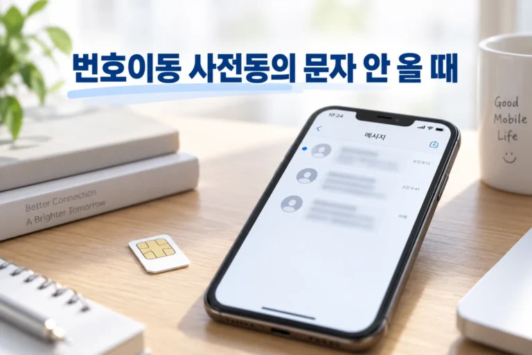 번호이동 사전동의 문자가 안 올 때 확인하는 순서|SMS·ARS 해결 방법 스마트폰 메시지 화면과 유심이 놓인 책상, 번호이동 사전동의 문자 안내 대표이미지