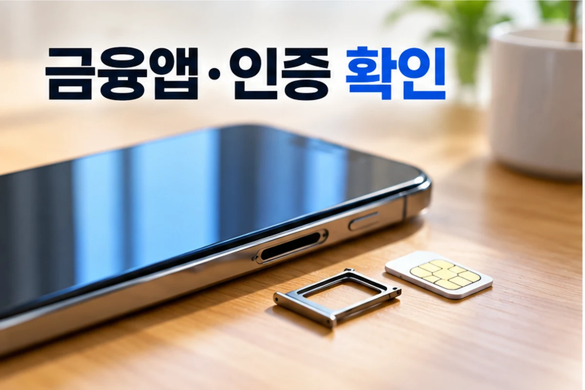 유심 교체 후 금융앱과 인증 확인을 표현한 스마트폰 이미지