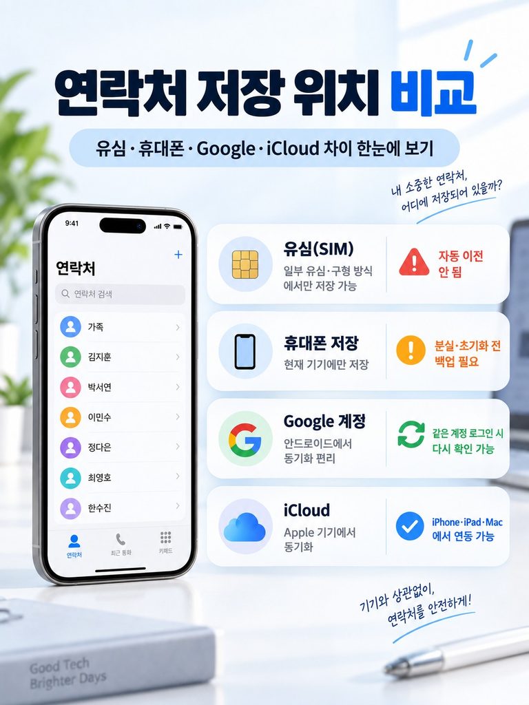 유심·휴대폰·Google·iCloud 연락처 저장 위치 비교