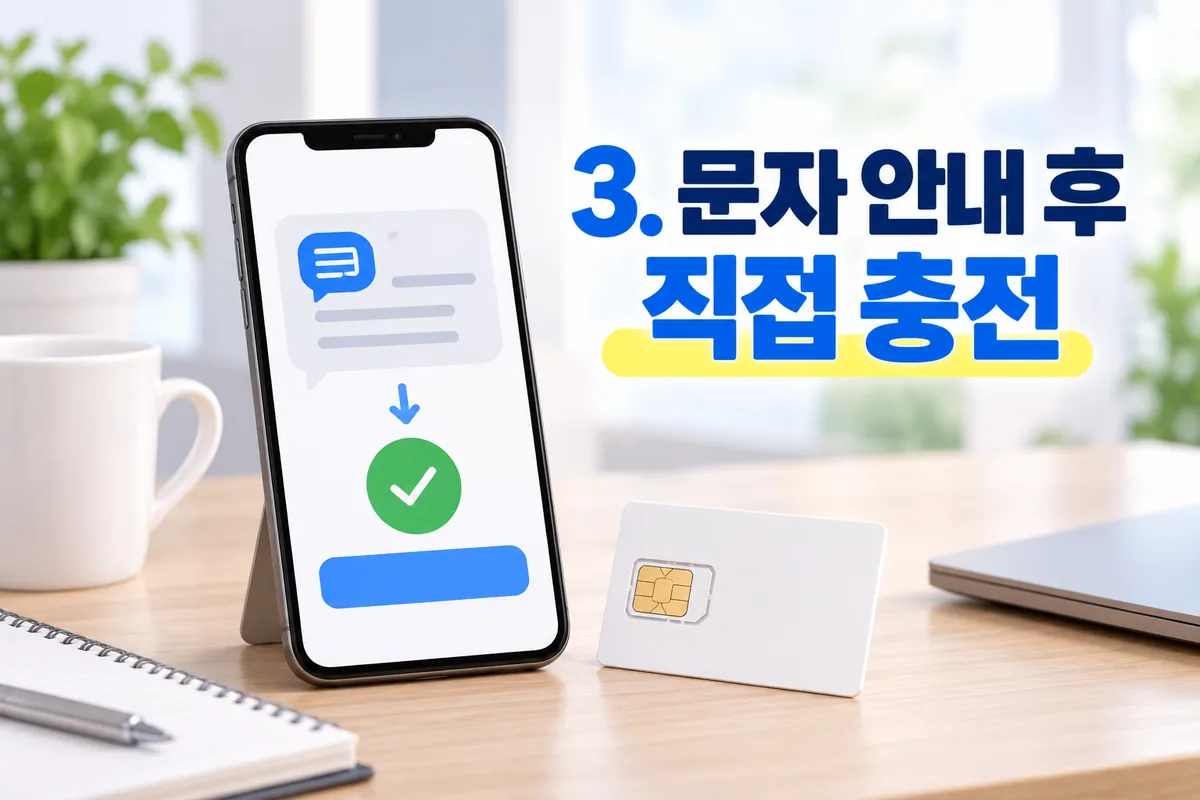 선불폰 요금 충전했는데 사용 안 될 때|결제·충전 반영·회선 상태 확인 문자 안내를 확인한 뒤 직접 선불폰을 충전하는 과정을 나타낸 이미지