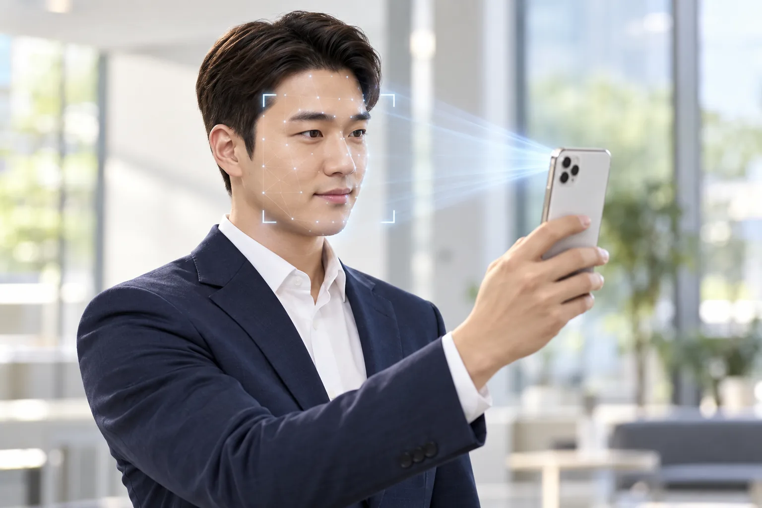 휴대전화 화면에 얼굴을 맞춰 안면인증을 진행하는 모습