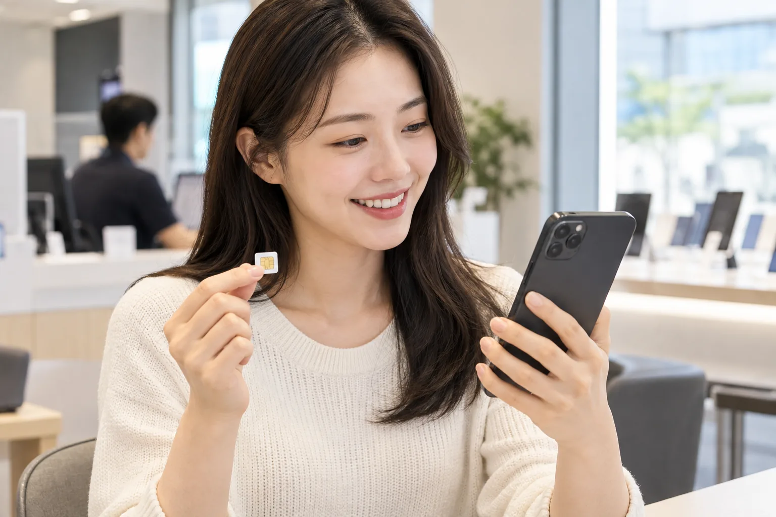 지점 개통 완료 후 휴대폰에 유심을 장착해 확인하는 모습
