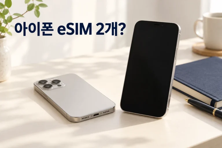 아이폰 eSIM 2개라는 문구와 책상 위 스마트폰 두 대