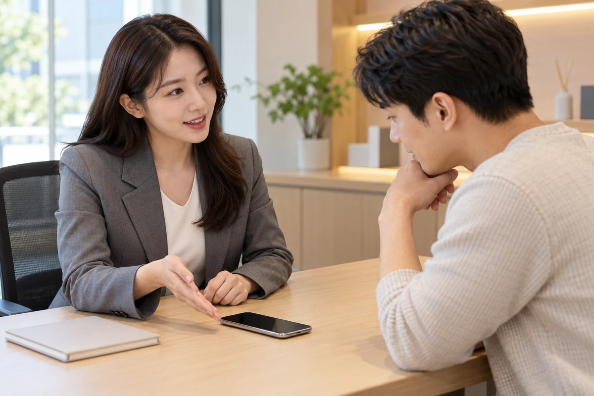 아이폰 eSIM 2개 사용할 수 있을까? 추가 개통을 못한 실제 상담 사례 스마트폰 추가 개통을 상담하는 두 사람의 설명용 장면
